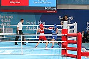 Deutsch: Boxen bei den Olympischen Jugendspielen 2018 Tag 12, 18. Oktober 2018 - Kampf um die Bronzemedaille im Fliegengewicht Mädchen – Heaven Destiny Garcia (USA, blau) schlägt Goryanana Stoeva (Bulgarien, rot) 5-0; Ringrichter ist Ishanguly Meretnyyazov (Turkmenistan). English: Boxing at the 2018 Summer Youth Olympics on 18 October 2018 – Girl's flyweight Bronze Medal Bout - Heaven Destiny Garcia (USA, blue) beats Goryanana Stoeva (Bulgaria, red) 5-0; Referee is Ishanguly Meretnyyazov (Turkmenistan). Español: Boxeo en los Juegos Olímpicos Juveniles de Verano de 2018 en 18 de octubre de 2018 - Combate a medalla de bronce de peso mosca para mujeres: Heaven Destiny Garcia (Estados Unidos, azul) le gana a Goryanana Stoeva (Bulgaria, roja) 5-0; El árbitro es Ishanguly Meretnyyazov (Turkmenistán).