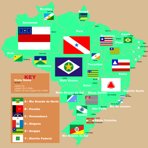 Brazilian State Map with Capitals and Flags