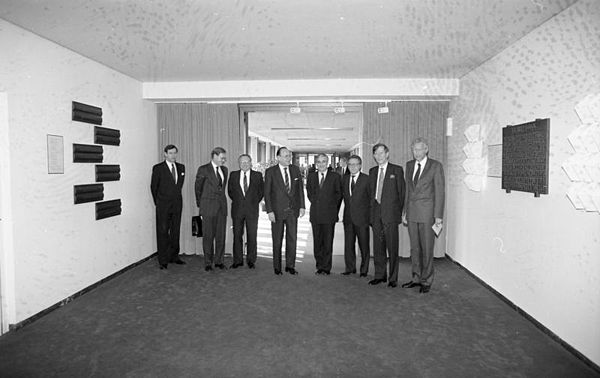 Hans-Dietrich Genscher and other participants in the first round of talks conducted in March 1990 to negotiate the treaty, 14 March 1990, Ministry of 