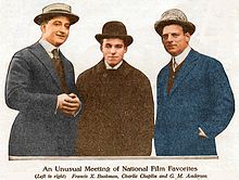 Francis X. Bushman, Charlie Chaplin and Anderson, photo taken at the Essanay Studio, Chicago in 1915