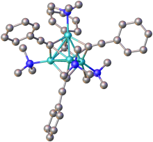 Structure of the cluster formed from PhC2Li complexed to N,N,N',N'-tetramethyl-1,6-diaminohexane (methylene groups omitted for clarity). Color key: turquoise = Li, blue = N. CAMNEJ.svg