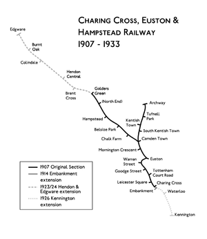 Carte de l'itinéraire du chemin de fer Charing Cross, Euston et Hampstead.