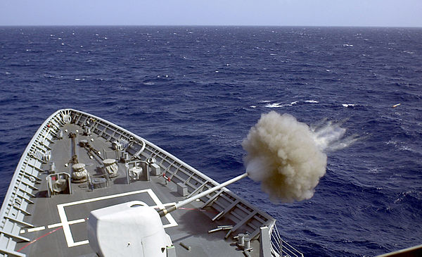 Yorktown firing at a target drone during a gun exercise