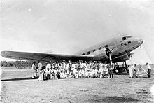 KLM Douglas DC-2 aircraft Uiver in transit at Rambang airfield on the east coast of Lombok island following the aircraft being placed second in the MacRobertson Air Race from RAF Mildenhall, England, to Melbourne in 1934[14]