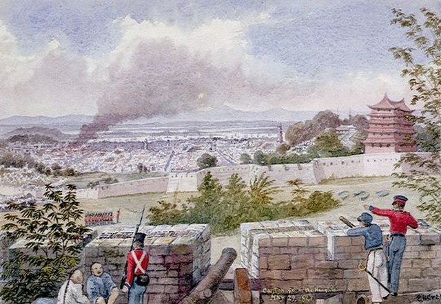 British bombardment of Canton from the surrounding heights, 29 May 1841. Watercolour painting by Edward H. Cree (1814–1901), Naval Surgeon to the Roya