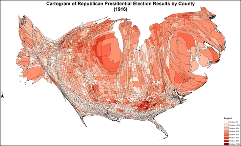 CartogramRepublicanPresidentialCounty1916Colorbrewer.png