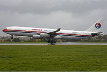 A total of 19 charter flights evacuated Chinese citizens from Libya via Malta. Here a chartered China Eastern Airlines Airbus A340 is seen at Malta International Airport on 26 February 2011. China Eastern Airbus A340 in Malta Zammit.jpg