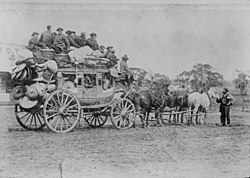 Chinese gold prospectors travelling to gold fields, ca. 1900-1920. Chinese on stagecoach to goldfields.jpg