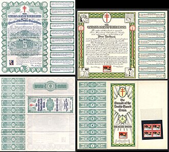 Selection of Christmas seal bonds, 1920 & 1933; with respective Christmas seals for each year attached
(reverse view displayed in lower images) Christmas seal bonds, $5, 1920 & 1933.jpg