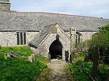 St Wyllow's Church (note the lantern cross near the porch) Churchyard, St. Wyllow, Lanteglos-by-Fowey (geograph 4104994).jpg