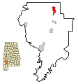 This map shows the incorporated and unincorporated areas in Clarke County, Alabama, highlighting Thomasville in red. It was created with a custom script with US Census Bureau data and modified with Inkscape.