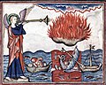 Cloisters Apocalypse, an angel sounds an añafil (the 2nd trumpet) and fire rains on the sea.