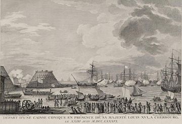 Construction de la digue de Cherbourg remorquage d un cone en presence du roi en 1786.jpg