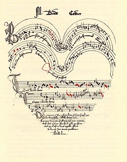 Prior to the invention of the printing press, the only way to copy sheet music was by hand, a costly and time-consuming process. Pictured is the hand-written music manuscript for a French Ars subtilior chanson (song) from the late 1300s about love, entitled Belle, bonne, sage, by Baude Cordier. The music notation is unusual in that it is written in a heart shape, with red notes indicating rhythmic alterations. CordierColor.jpg