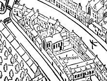 Detail of Cornelis Anthonisz' 1544 woodcut of Amsterdam, showing the "Agnieten" with the chapel. Cornelis Anthonisz. 003 detail 03.jpg