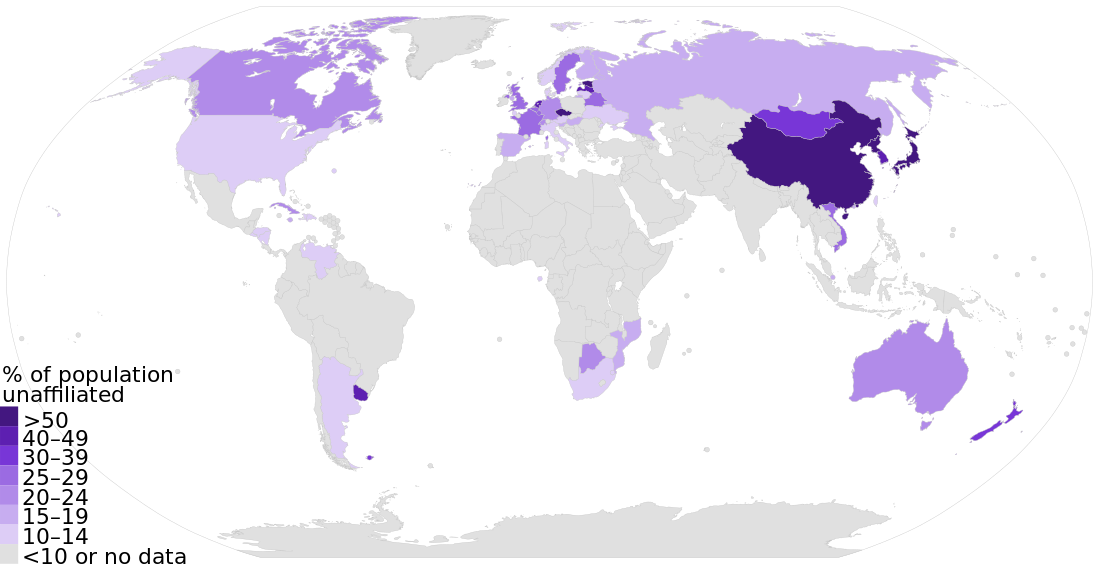 Nonreligious population by country, 2010.[258]