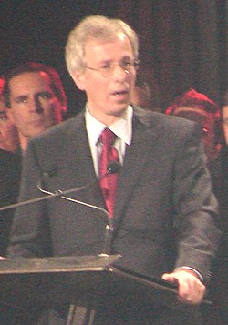 Stephane Dion, making his acceptance speech after winning the party leadership. Dion 2006 Liberal leadership speech.jpg