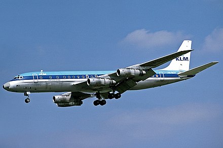 A KLM DC-8-55 powered by Pratt & Whitney JT3D turbofans