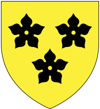 Arms of Dyke: Or, three cinquefoils sable DykeArms.svg