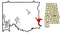 Elmore County, Alabama, áreas incorporadas e não incorporadas Tallassee Highlighted.svg