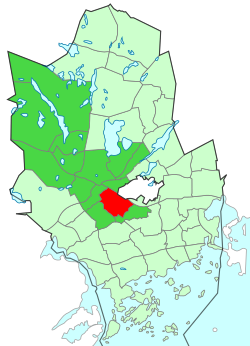 Kaupungin kartta, jossa Espoon keskus korostettuna. Espoon kaupunginosat