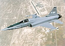 The Northrop F-20 Tigershark was an update of the F-5 intended for the export market, but lost out to the F-16 and never entered production. F-20 flying.jpg