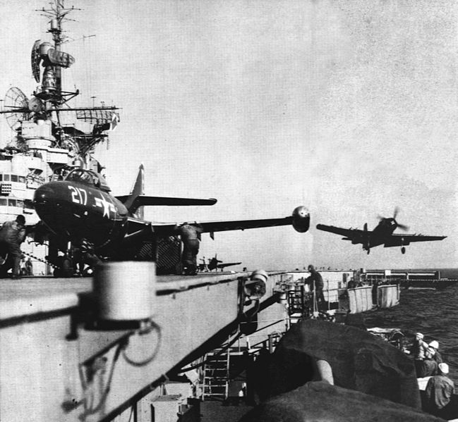 File:F9F and AD-4 launching from USS Antietam (CVA-36) c1953.jpg