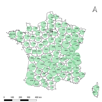 Carte des volumes des précipitations efficaces par département en France métropolitaine en 2016[Note 2].