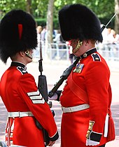 A colour sergeant of the Coldstream Guards (right) speaking to a lance sergeant (left). Face to face.jpg