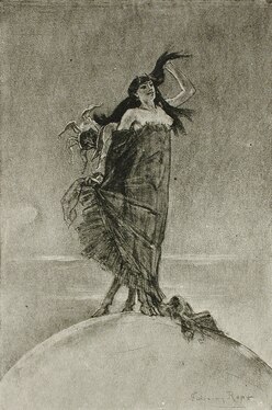 "אישה וטירוף שולטים בעולם" (בערך 1887–93) (24.2‏ x‏ 16.3 ס"מ) מוזיאון מחוז לוס אנג'לס לאמנות