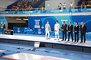 Deutsch: Fechten bei den Olympischen Jugend-Sommerspielen 2018: Tag 1, 7. Oktober 2018, Jungen, Säbel, Finale - Krisztián Rabb (HUN) - Hyun Jun (KOR) (USA) 15:13 English: Fencing at the 2018 Summer Youth Olympics at 7 October 2018 – Boys' sabre Gold medal match – Krisztián Rabb (HUN) Vs Hyun Jun (KOR) (USA) 15:13