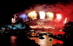 Image 7Olympic colours on the Sydney Harbour Bridge in the year 2000 (from History of New South Wales)