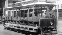 Streetcar number 1752, driven by the veteran motorman Jimmy Reed, is shown here after it became the first revenue car in the Boston subway system on September 1, 1897. This also marked the beginning of subway traffic in the United States. First car into Tremont Street Subway, pictured at Allston carhouse.png