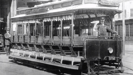 Streetcar number 1752, driven by the veteran motorman Jimmy Reed, is shown here after it became the first subway car to be driven in regular traffic in the Boston subway system on September 1, 1897. This also marks the beginning of subway traffic in the United States.