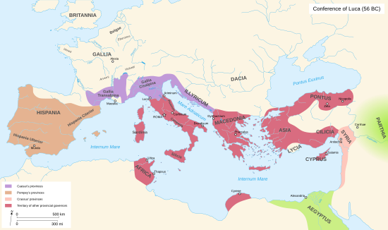 Assignment of Roman provinces to Caesar, Pompey, and Crassus. First triumvirate luca56bc.svg