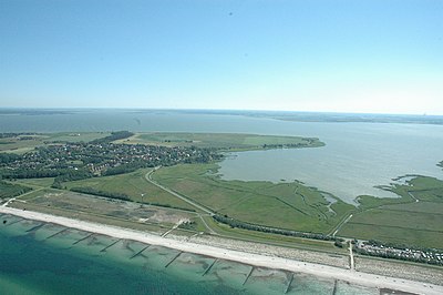 Aerial view of Saaler Bodden with Permin Bay, separated from the Baltic Sea (bottom left) by the narrow Fischland peninsula