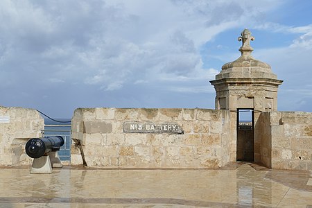 One of the cannons of a battery at Fort St. Angelo, a medieval fortress on Malta