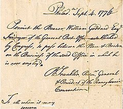 Pass, signed by Postmaster General Benjamin Franklin, gave William Goddard the authority to travel as needed to investigate and inspect postal routes and protect the mail.[79]