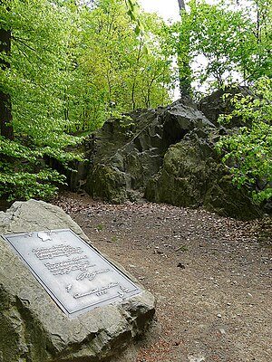 Goethefelsen on the Herrgottsberg near Darmstadt.  Alternating storage of gray-green speckled Uralite diabase, amphibolite and calcium silicate rock.