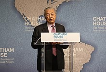 Mahathir speaking about "The Future of Democracy in Asia" in Chatham House, United Kingdom HE Dr Mahathir bin Mohamad, Prime Minister of Malaysia (44582220115).jpg