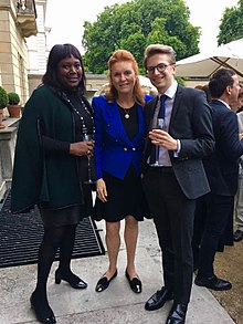Sarah with Heather Melville and Marcis Skadmanis in Lancaster House, London, June 2017 Heather Melville OBE.jpg