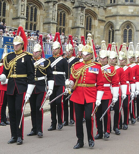 Commissioned officers (front row) and non-commissioned officers (second row) of the Household Cavalry in full dress wearing aiguillettes