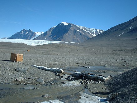 December 12, 2001 photo of the USGS streamflow-gaging station at Huey Creek, McMurdo Dry Valleys, Antarctica.