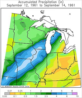 A map of rainfall accumulations associated with the remnants of Hurricane Carla in mid-September 1961 across the Upper Mississippi River Valley. Hurricane Carla upper Mississippi rainfall.jpg