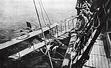 An FBA Type C in French service being hoisted above the French carrier French seaplane carrier Foudre, similar to the aircraft carried by Europa Hydravion FBA typ C de lutte contre les sous-marins en mer en 1918.jpg