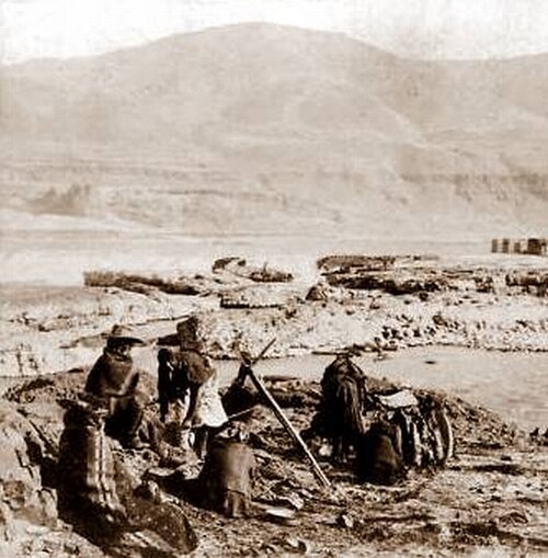 Native Americans drying salmon, circa 1900