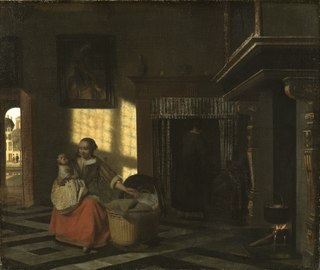 <i>Interior with a Mother Close to a Cradle</i> Painting by Pieter de Hooch