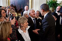 President Obama welcomes Nobel Peace Prize Laureate Elie Wiesel at the May 17, 2011 White House reception in honor of JAHM JAHM 2011.jpg