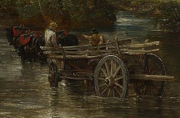 Une peinture à l'huile d'un grand chariot orientable tiré par deux chevaux forts à travers une rivière