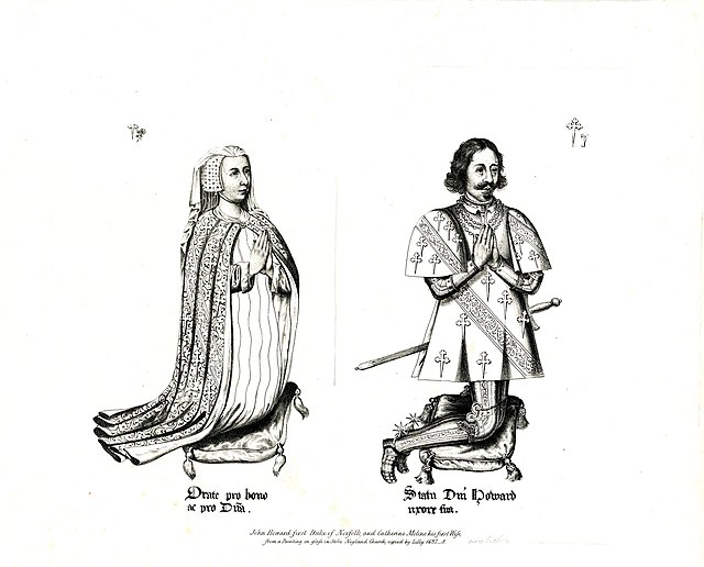 Sketch of stained glass depictions of John Howard first Duke of Norfolk, and Catherine Moleyns his first Wife.